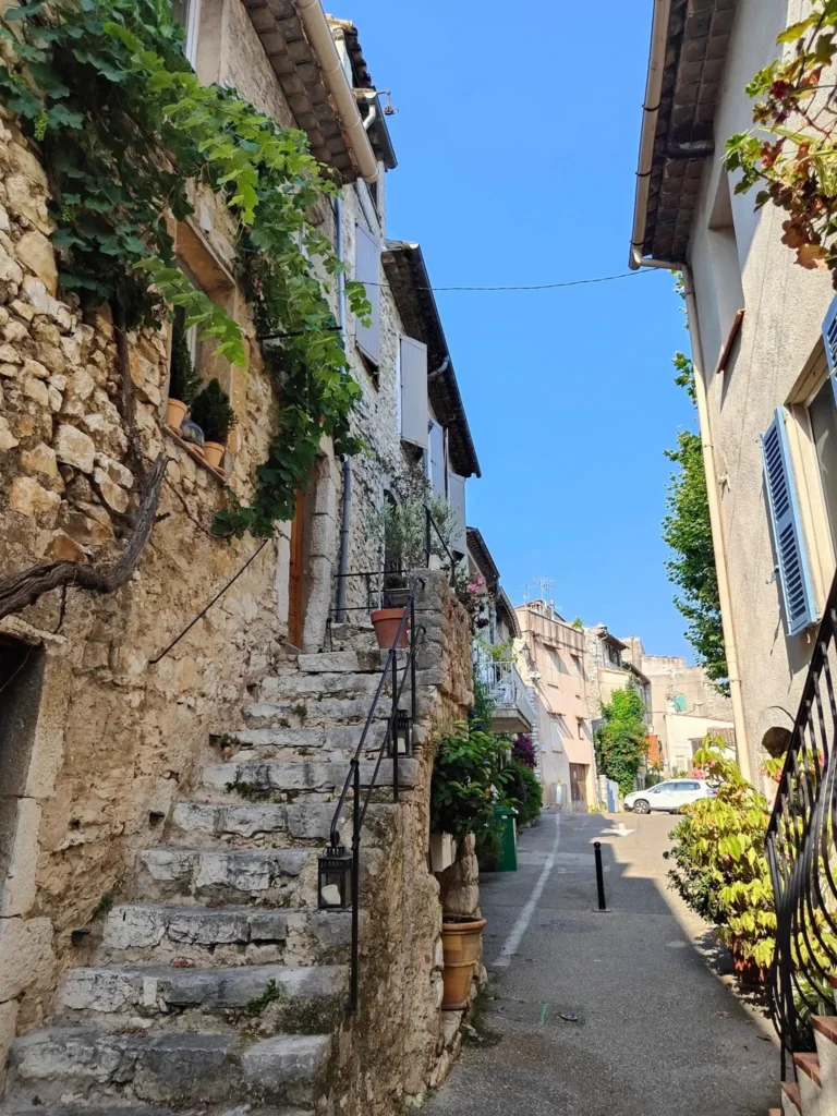 Vue prise depuis le bas d'une étroite ruelle pavée en pente dans le village médiéval de La Colle-sur-Loup. À gauche, un haut escalier de pierre brut monte vers une maison de pierre ancienne dont la façade est recouverte d'une vigne luxuriante. À droite, les façades des maisons sont plâtrées en couleurs ocre et jaune avec des volets peints en bleu lavande. Le ciel est bleu vif et clair. Des plantes en pot décorent la ruelle. @jeanpaul 2025