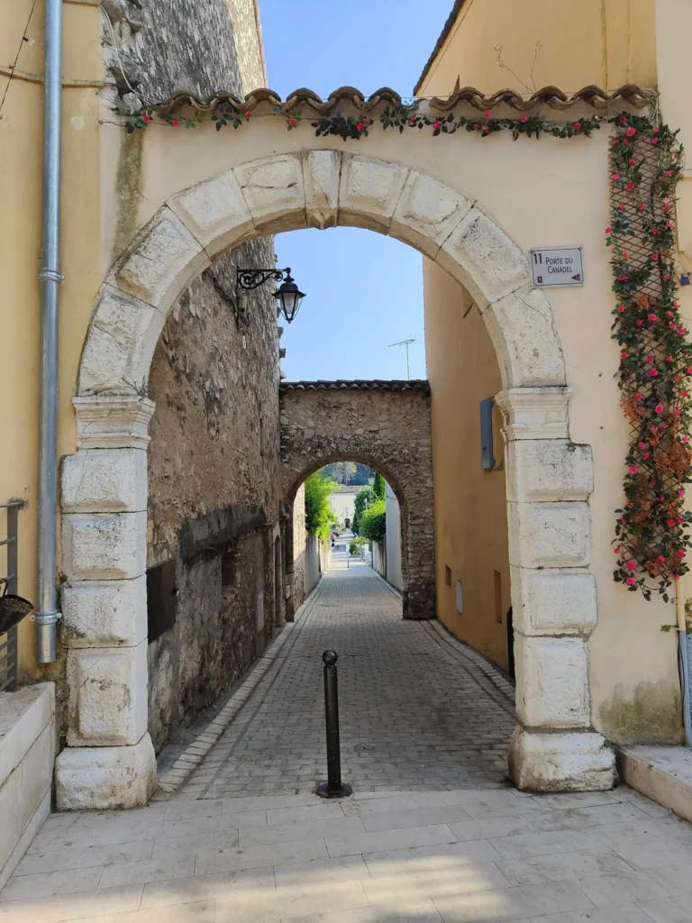Vue de face de la Porte du Canadel, un porche médiéval voûté en pierre situé à La Colle-sur-Loup. Le porche est surmonté d'un auvent en tuiles canal décoré d'une guirlande de fleurs roses. Une plaque de rue indique "11 PORTE DU CANADEL". L'arche s'ouvre sur une ruelle pavée en perspective, flanquée d'un mur de pierre ancienne à gauche et d'un mur ocre à droite orné d'une treille fleurie. Au loin, une seconde arche en pierre s'aligne sur la première. @jeanpaul