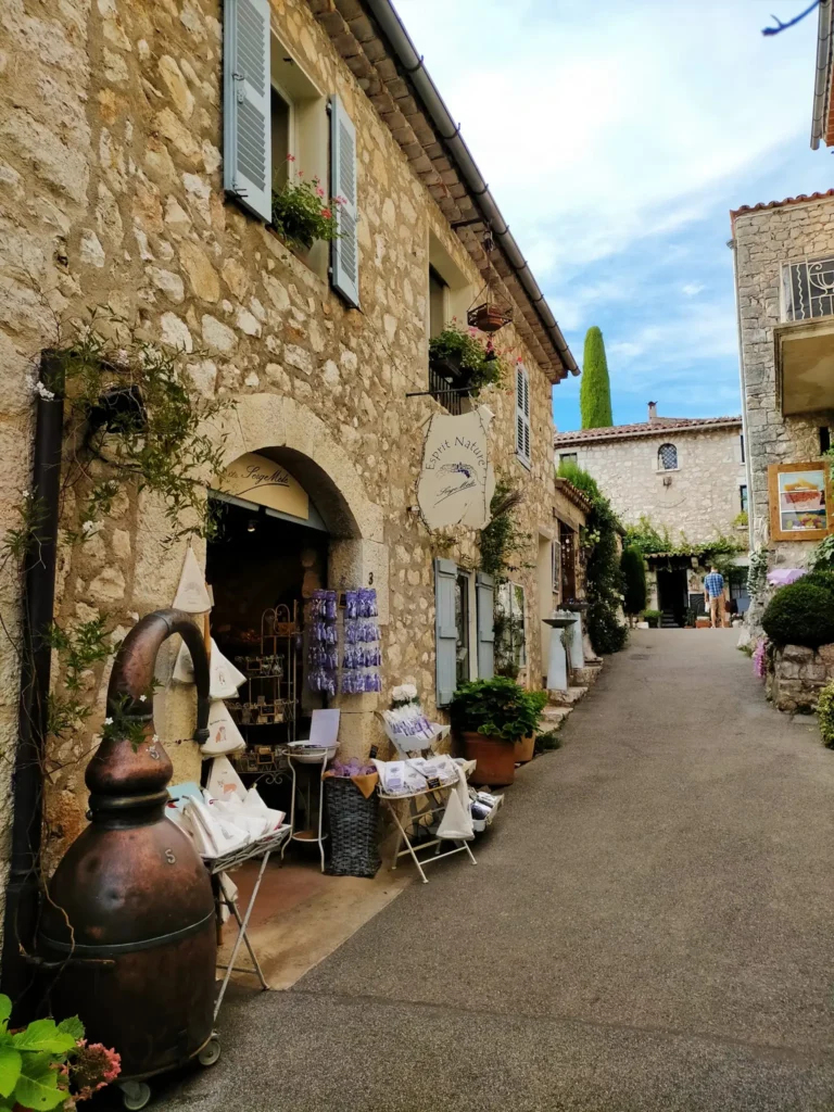 Ruelle de Gourdon, bordée de maisons en pierre dorée, de boutiques artisanales et de fleurs colorées.
