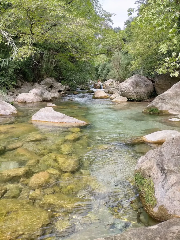 Vue du lit de la rivière du Loup dans les Gorges du Loup. L'eau limpide coule entre de gros rochers ronds dans une forêt dense. C'est un endroit paisible et naturel. @jeanpaul 2025
