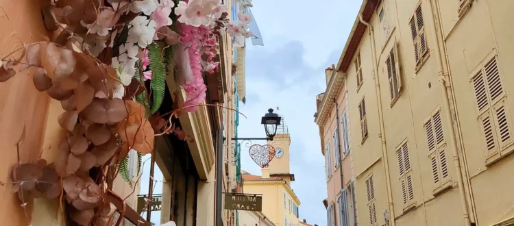 Vue en perspective d'une ruelle étroite et pavée du Vieux-Cannet, la rue Saint-Sauveur, bordée de bâtiments provençaux aux façades ocre et jaune. Au premier plan à gauche, une composition florale dense de fleurs séchées marron et de fleurs artificielles roses et blanches (pivoines et hortensias) encadre une vitrine. Au loin, dans l'axe de la rue, se dresse le clocher jaune emblématique de la Chapelle Saint-Sauveur sous un ciel couvert, avec un cœur décoratif visible près du clocher. @jeanpaul 2025