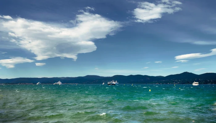 Une vue sur les eaux calmes et azur de la mer de Saint-Tropez près de la plage des Salins. Le soleil fait scintiller la surface de la mer Méditerranée, bordée au loin par un littoral sauvage composé de collines verdoyantes, de pins parasols et de maquis provençal. Le ciel est entièrement bleu et dégagé, offrant une atmosphère de farniente typique de la Riviera.