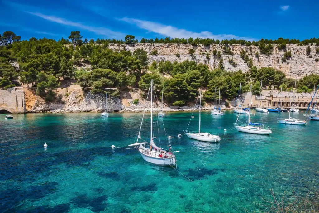 Paysage ensoleillé des Calanques de Cassis avec de nombreux voiliers blancs ancrés dans une eau turquoise, transparente et cristalline. En arrière-plan, des falaises de calcaire blanc recouvertes d'une pinède verdoyante se dressent sous un ciel bleu azur.