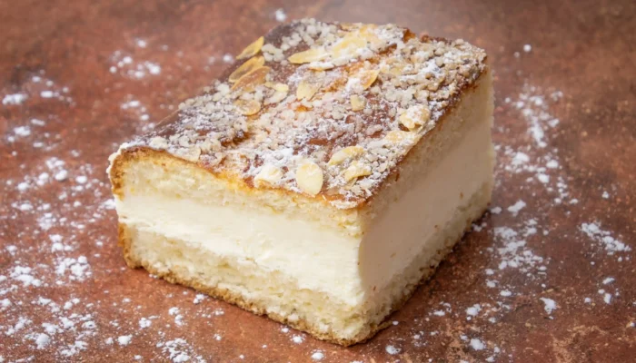 Part de tarte tropézienne avec crème onctueuse, amandes effilées et sucre grain, emblème des spécialités de Saint-Tropez.