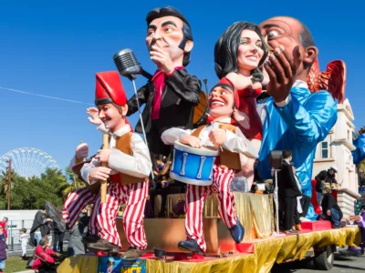 Costumed participants parading during the Carnival of Nice 2015 on the theme 