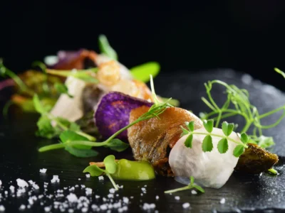 Plat gastronomique dressé avec art, représentant l'excellence culinaire et la réputation des meilleurs restaurants Cannes.