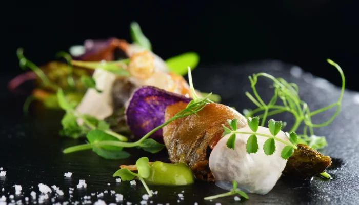 Plat gastronomique dressé avec art, représentant l'excellence culinaire et la réputation des meilleurs restaurants Cannes.
